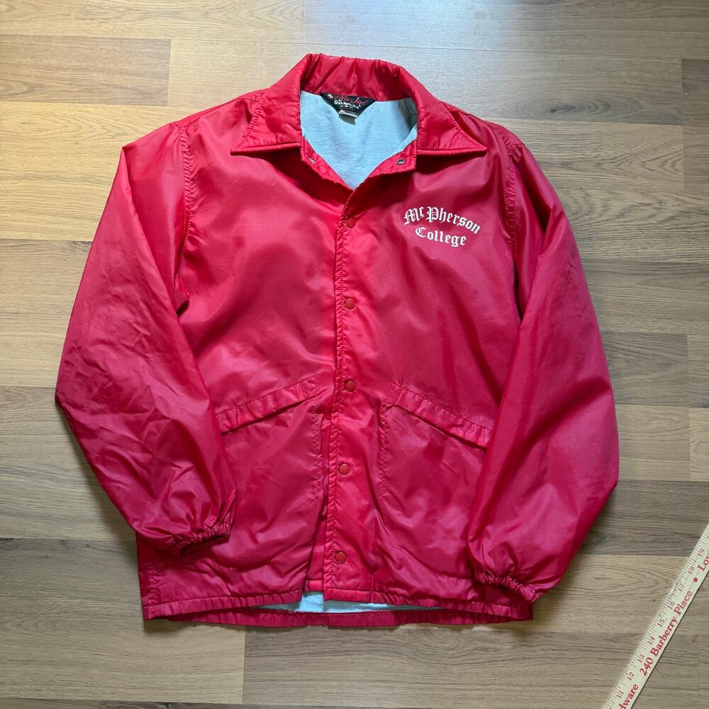 Vintage 80's McPherson College Kansas Red Shell Lined Snap Track Jacket Sz Small